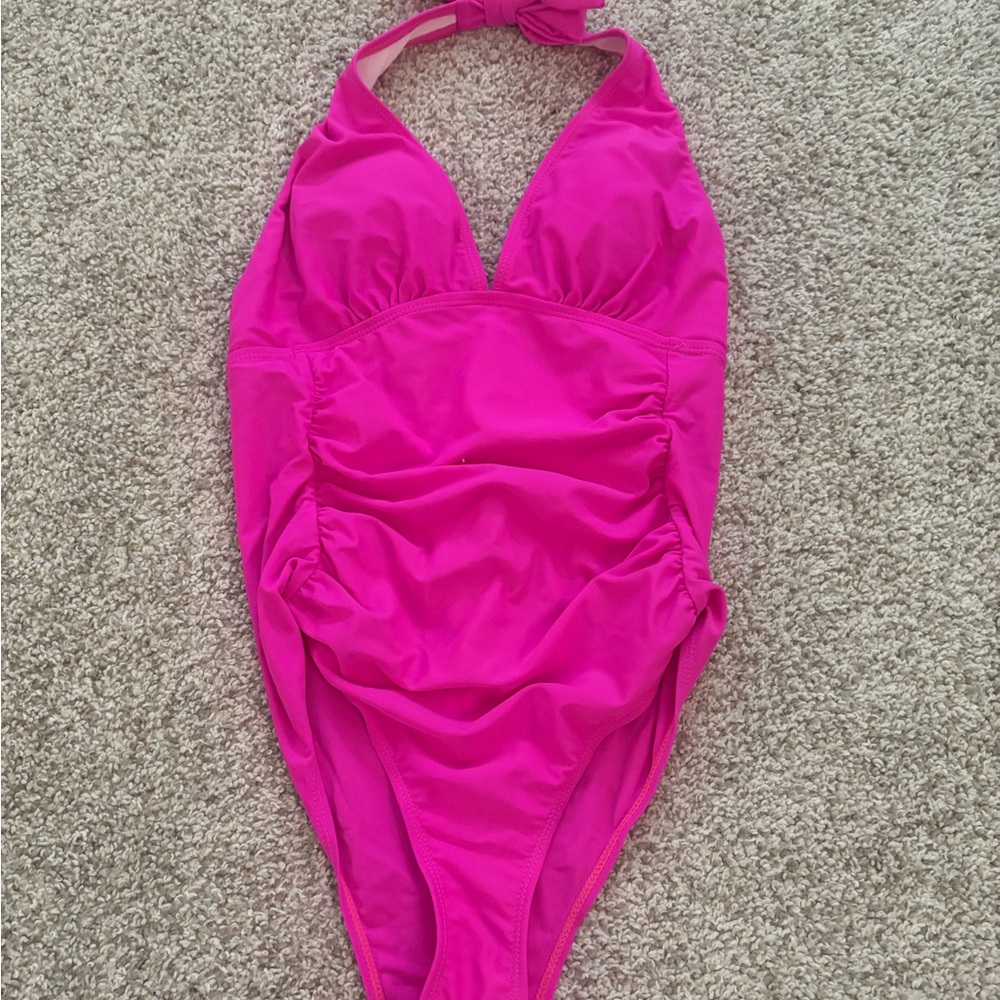 SHEIN Hot Pink Halter One-Piece Swimsuit with Ruched Detail
